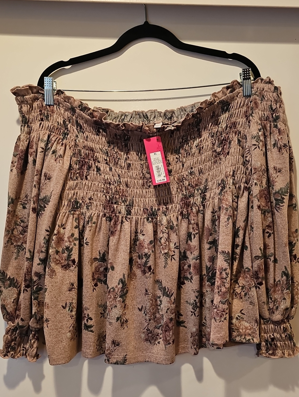 Xhilaration Floral Smocked Off-Shoulder Top in Taupe Floral